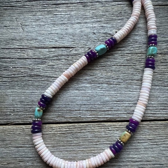 Southwestern Sterling Silver Pink Conch Multi Stone Bead Necklace. 18 Inch - Picture 11 of 12